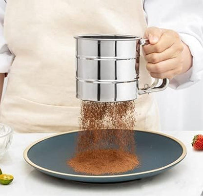 Flour Sifter-Atta chhani Hand Press Design Stainless Steel Flour Atta Chalni Sifter Corrosion Resistant Large Capacity Flour Sieve Cup for Sugar Flour and Coffee Powder