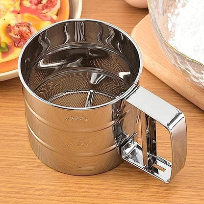 Flour Sifter-Atta chhani Hand Press Design Stainless Steel Flour Atta Chalni Sifter Corrosion Resistant Large Capacity Flour Sieve Cup for Sugar Flour and Coffee Powder