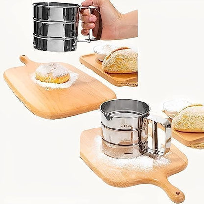 Flour Sifter-Atta chhani Hand Press Design Stainless Steel Flour Atta Chalni Sifter Corrosion Resistant Large Capacity Flour Sieve Cup for Sugar Flour and Coffee Powder