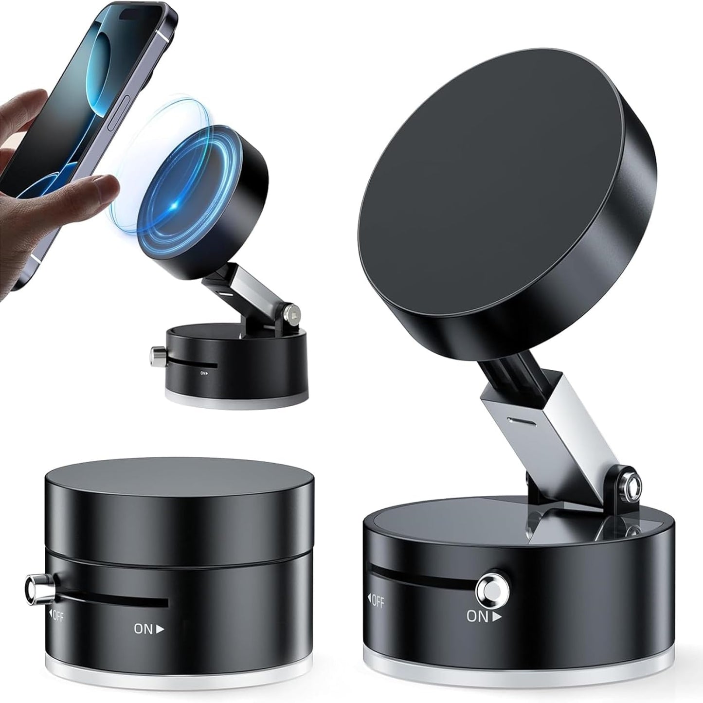Magnetic Phone Holder Hands Free, Foldable Suction Mount, Strong Grip for Mirror, Shower, Gym, Car, Kitchen and Universal Magnetic Phone Stand - Black