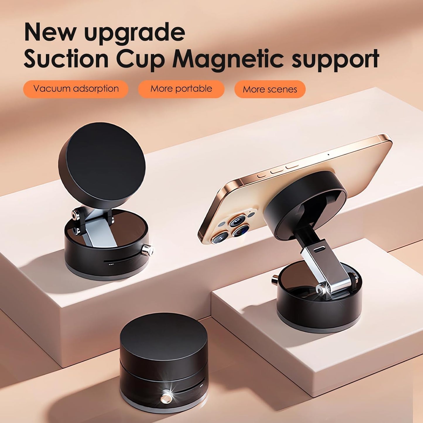 Magnetic Phone Holder Hands Free, Foldable Suction Mount, Strong Grip for Mirror, Shower, Gym, Car, Kitchen and Universal Magnetic Phone Stand - Black