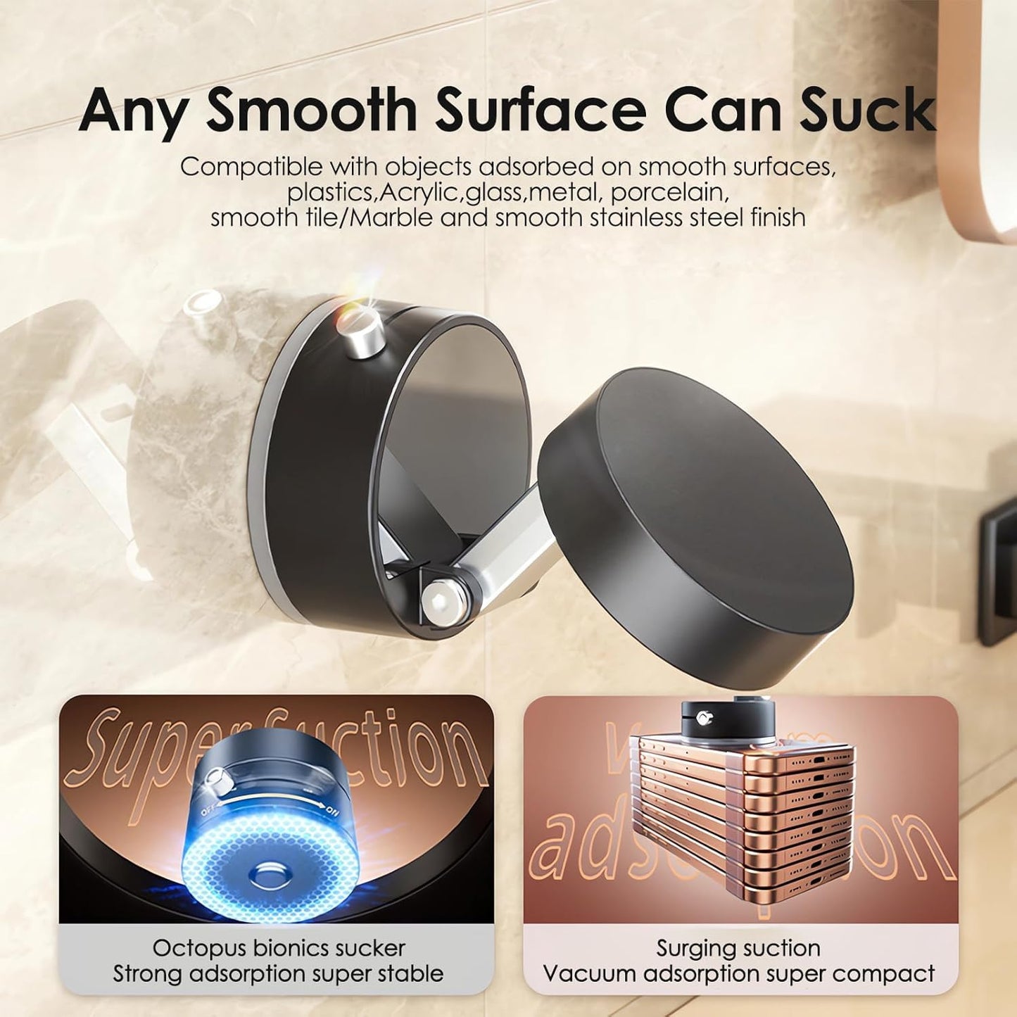 Magnetic Phone Holder Hands Free, Foldable Suction Mount, Strong Grip for Mirror, Shower, Gym, Car, Kitchen and Universal Magnetic Phone Stand - Black