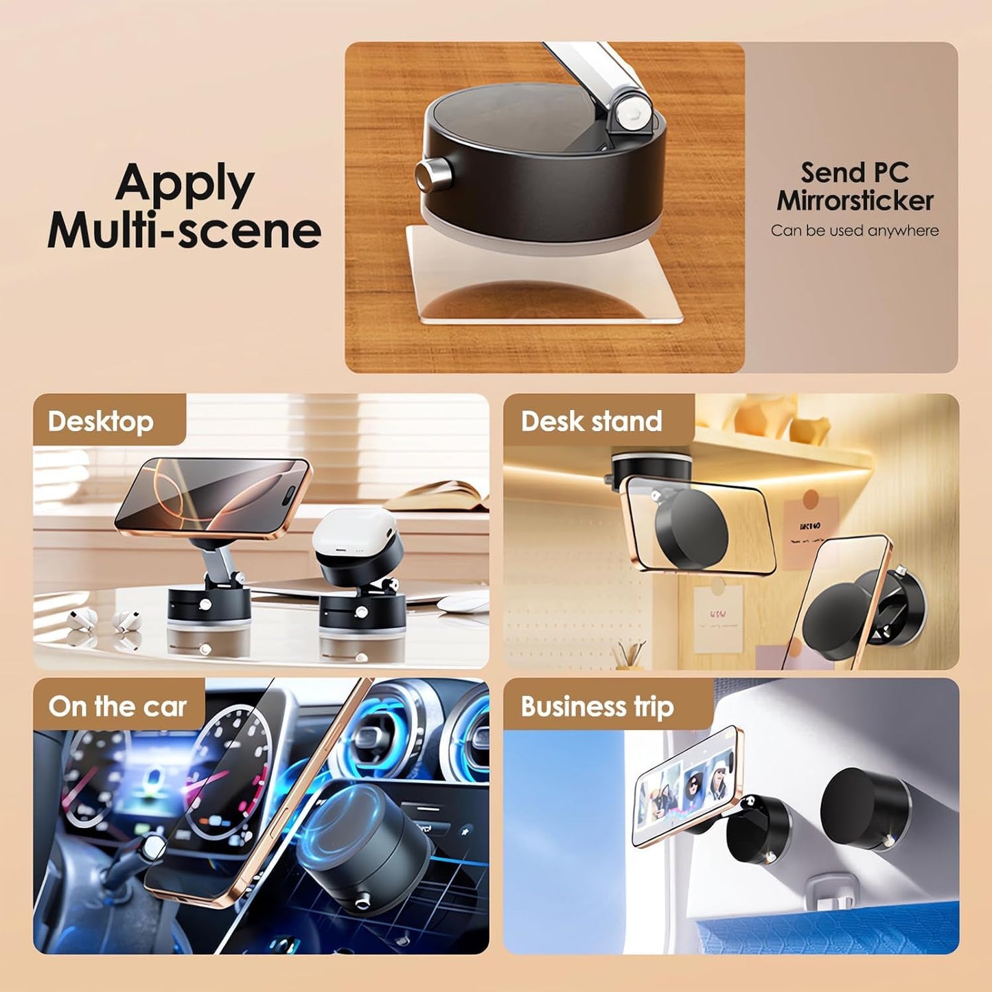 Magnetic Phone Holder Hands Free, Foldable Suction Mount, Strong Grip for Mirror, Shower, Gym, Car, Kitchen and Universal Magnetic Phone Stand - Black