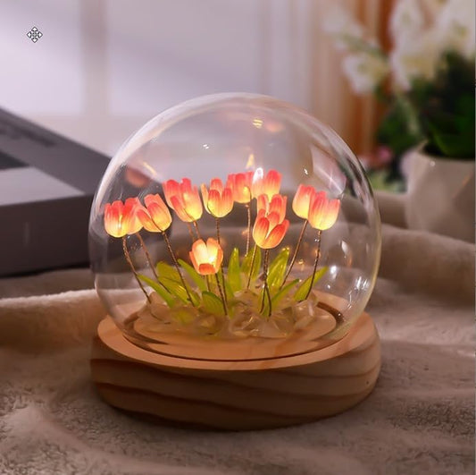 Pink Tulip Crystal Ball LED Night Light | Decorative Table Lamp with Artificial Flowers for Bedroom, Home Decor, Living Room