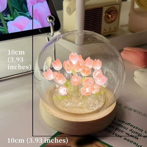 Pink Tulip Crystal Ball LED Night Light | Decorative Table Lamp with Artificial Flowers for Bedroom, Home Decor, Living Room