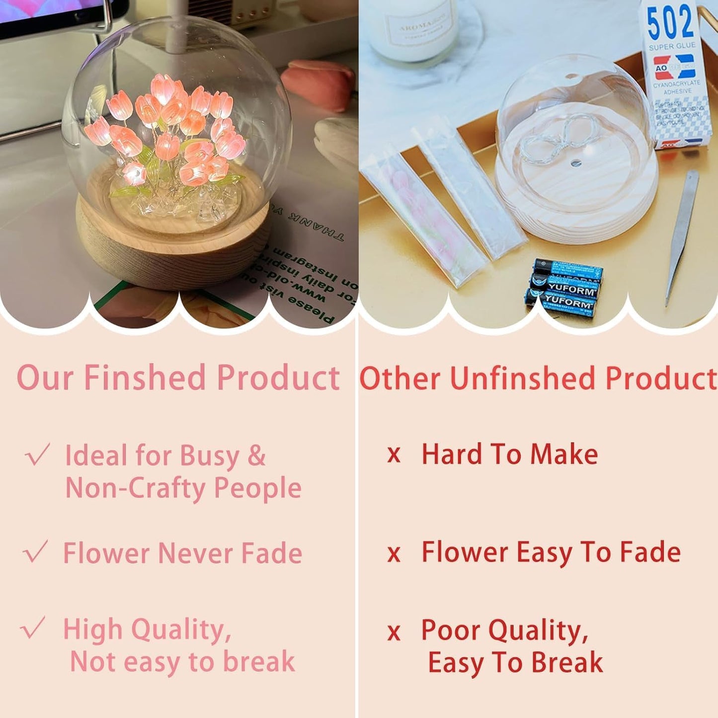 Pink Tulip Crystal Ball LED Night Light | Decorative Table Lamp with Artificial Flowers for Bedroom, Home Decor, Living Room