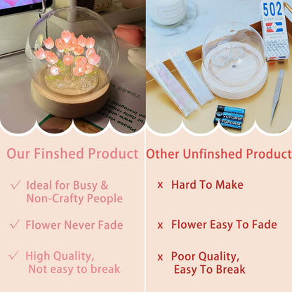 Pink Tulip Crystal Ball LED Night Light | Decorative Table Lamp with Artificial Flowers for Bedroom, Home Decor, Living Room