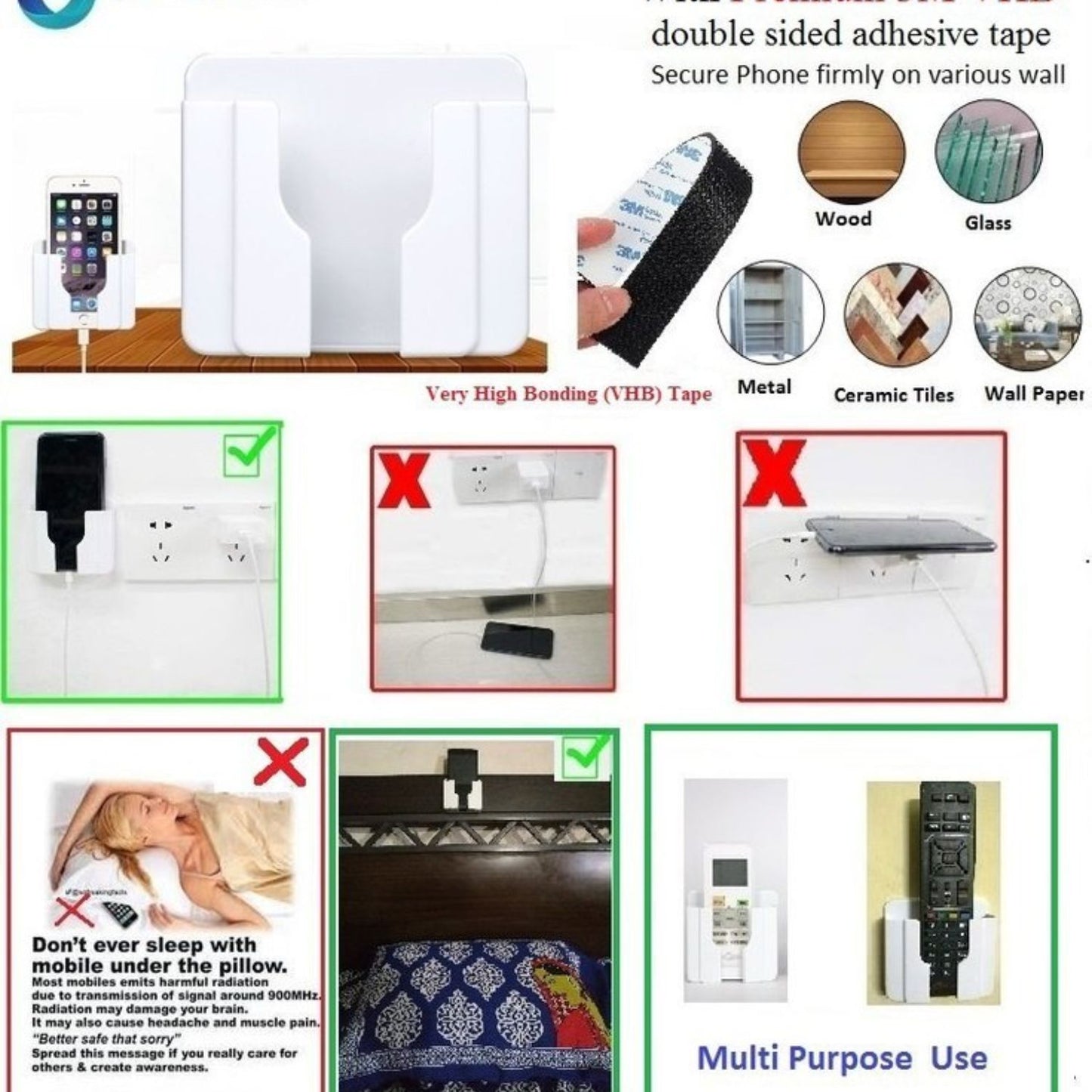 Torpedo Wall Mount Mobile Holder, Storage Case for Slim AC TV Remote, Mobile Stand for Wall Bedside Fixed Rack, Bedroom, Office Accessories White