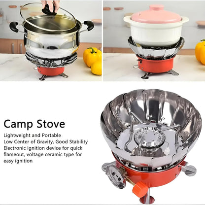 Windproof Gas Stove Burner, Portable Stainless Steel Mini Camping Stove for Outdoor Cooking, Hiking, Picnic, Trekking, Backpacking Lotus Shape Compact Butane Gas Stove