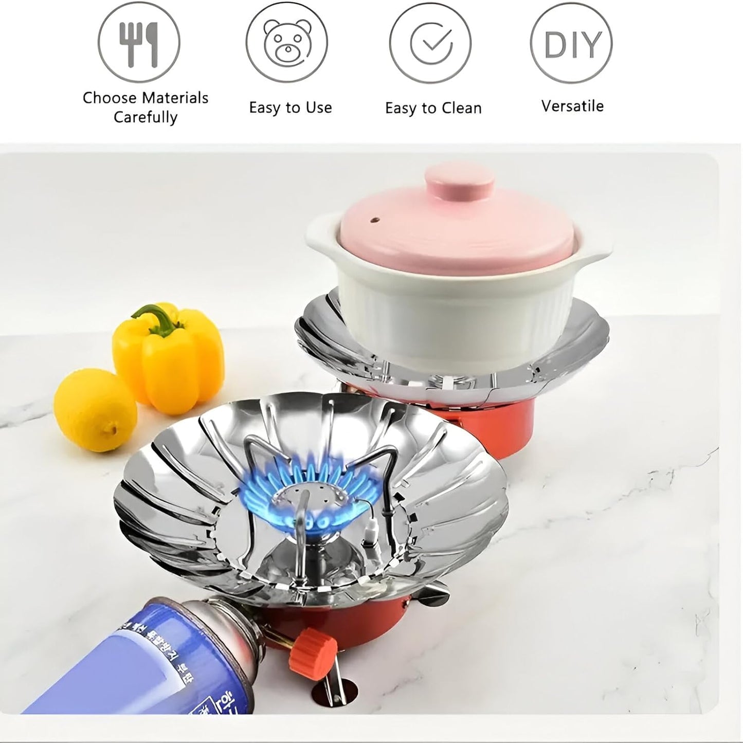 Windproof Gas Stove Burner, Portable Stainless Steel Mini Camping Stove for Outdoor Cooking, Hiking, Picnic, Trekking, Backpacking Lotus Shape Compact Butane Gas Stove