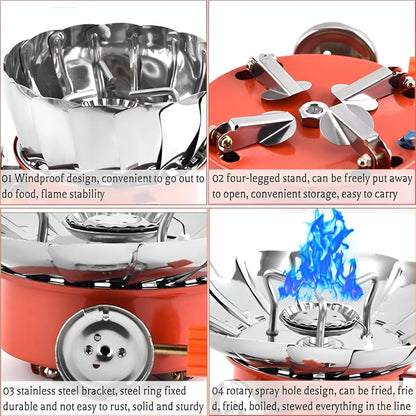 Windproof Gas Stove Burner, Portable Stainless Steel Mini Camping Stove for Outdoor Cooking, Hiking, Picnic, Trekking, Backpacking Lotus Shape Compact Butane Gas Stove